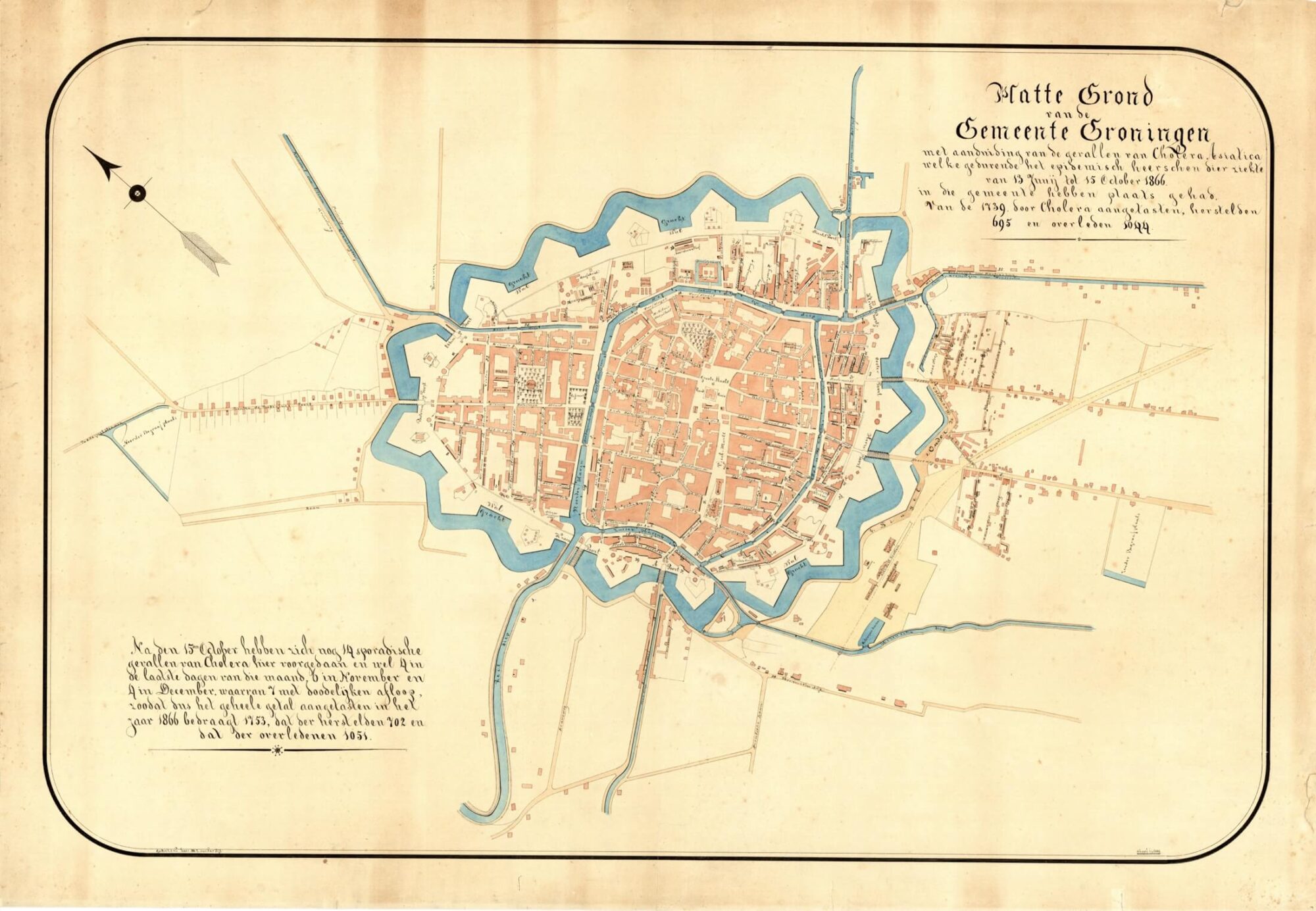 Plattegrond van de gemeente Groningen met de cholera aangetasten