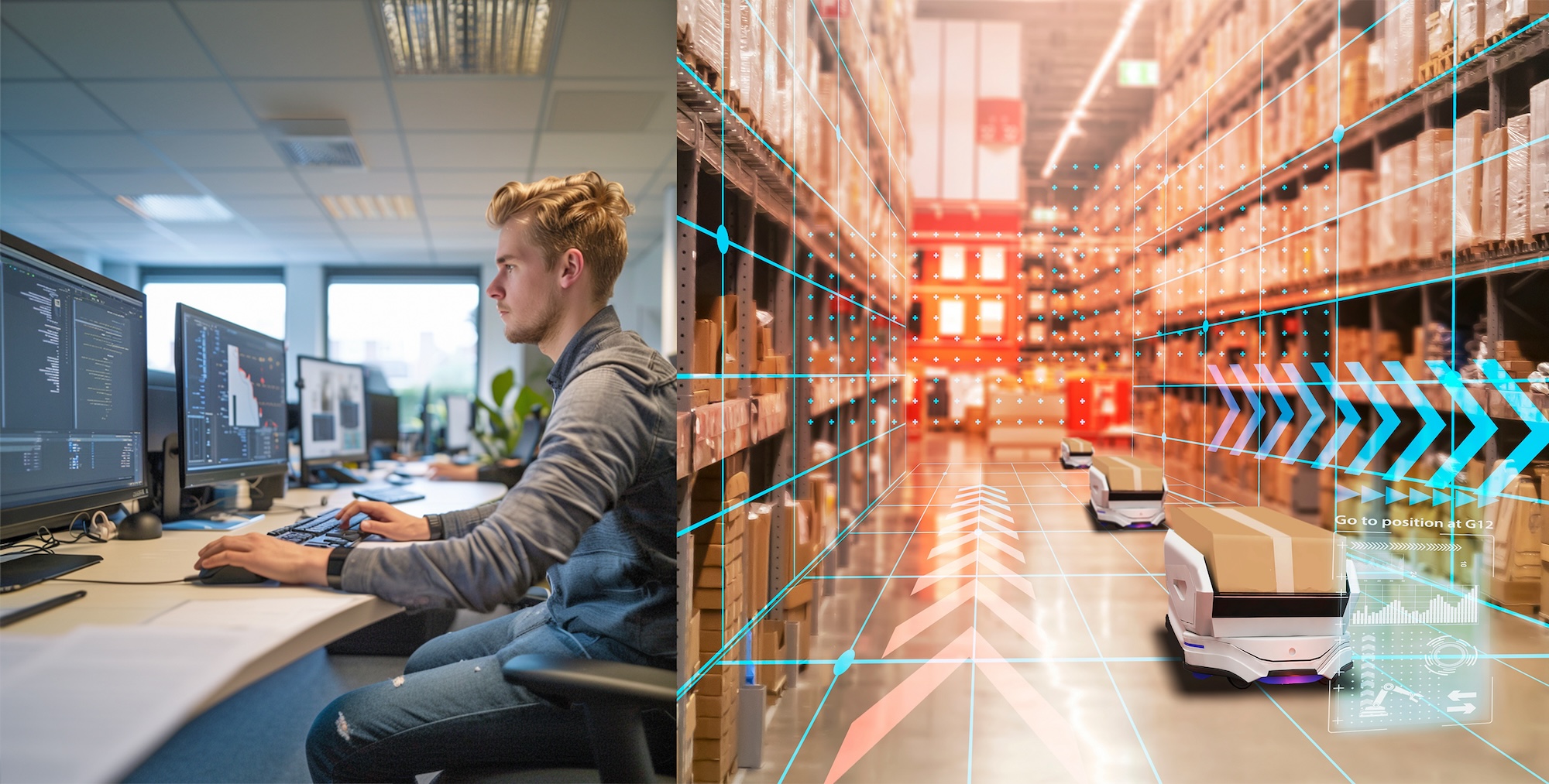 Foto van een persoon achter de computer en daarnaast een magazijn