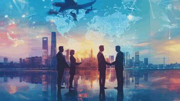 AI beeld van "international trade mission, business delegation traveling across borders, global business connections, modern city skylines blending together (New York, Shanghai, Dubai, Rotterdam), businesspeople shaking hands, world map with trade routes, containers, airplanes