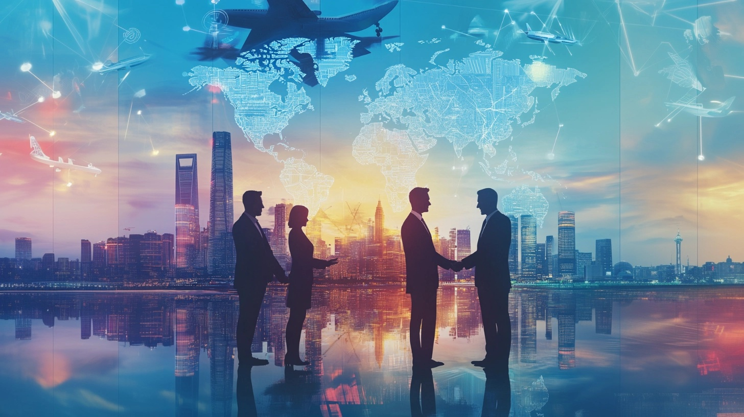 AI beeld van "international trade mission, business delegation traveling across borders, global business connections, modern city skylines blending together (New York, Shanghai, Dubai, Rotterdam), businesspeople shaking hands, world map with trade routes, containers, airplanes