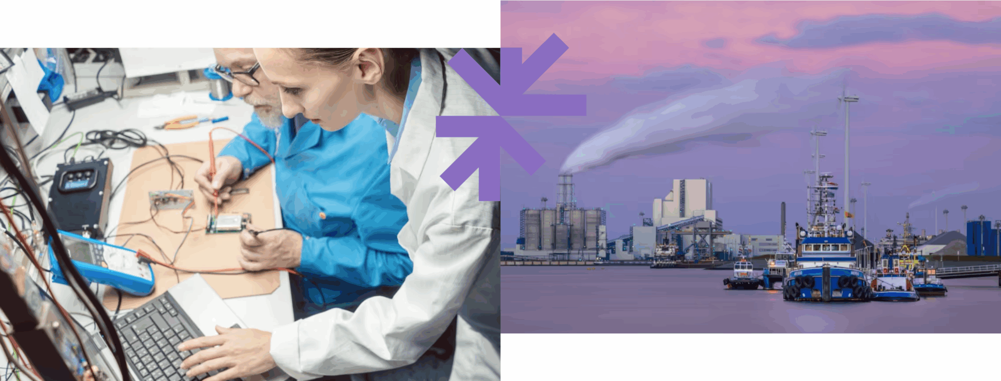 Wetenschappers bezig aan innovatie links en een varende boot rechts